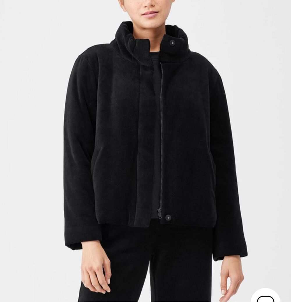 Eileen Fisher $248 Cotton Velour Stand Collar Coat Black XS NEW